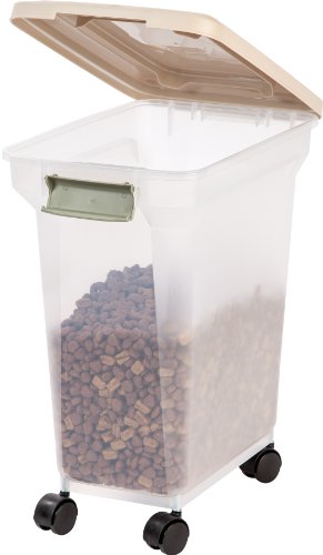 Iris Usa 22 Lbs / 28 Qt Weatherpro Airtight Pet Food Storage Container With Attachable Casters, For Dog Cat Bird And Other Pet Food Storage Bin, Keep Pests Out, Translucent Body, Almond/Clear #TOP6