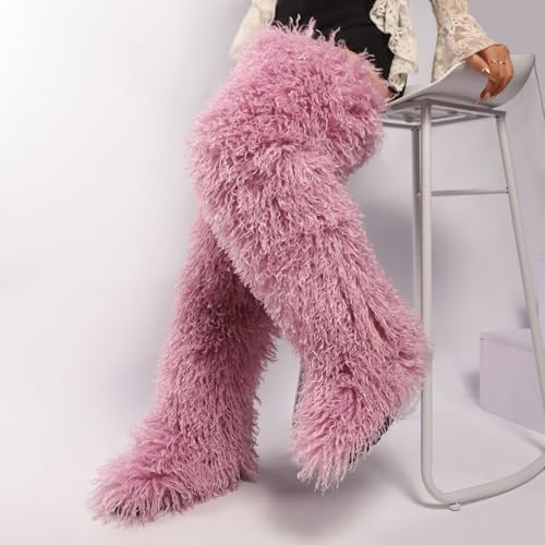 Image of Black Thigh High Fur Boots, Over the Knee Fluffy High Boots, Tall Furry shoes for Women