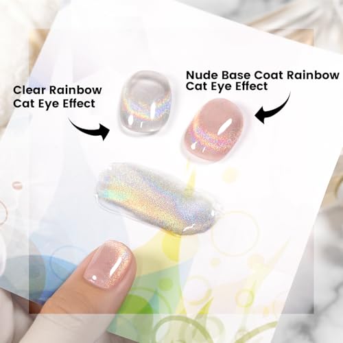RARJSM Holographic Rainbow Cat Eye Gel Nail Polish with Magnet Stick Clear Silver Iridescent Glitter Sparkle 9D Cat Eye Gel Polish Soak off UV LED Curing Requires Soak Off Home Salon Diy Nail Art 15ml