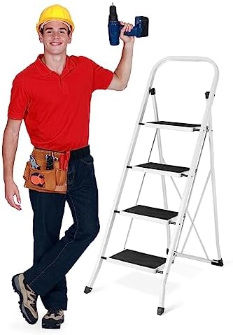 Delxo 4 Step Ladder Folding Step Stool, Heavy-Duty Sturdy Safety Tall Step Ladder Outdoor with Handrail Wide Pedal,White Lightweight Collapsible 4-Feet Step Stool Ladder for Adults Home Kitchen Indoor