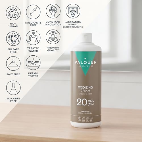 VALQUER Wasserstoffperoxid 20 Vol. 6% Stabilisierte Creme | Oxidationsmittel Entwickler für dauerhafte Haarfärbung und -bleichung | Mit Inhaltsstoffen natürlichen Ursprungs | Professionell | 1 L