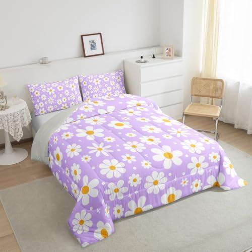 Image of Daisy Flower Groovy Comforter Set Queen Size Kids Boys Girls Bedding | Retro Boho Breathable Soft Lightweight Duvet Set Quilt Set Bedroom Decor Microfiber 3Pcs Light Purple Warm Cozy All Season