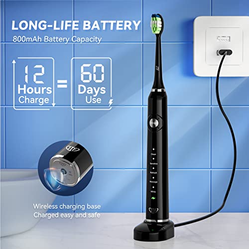 Jtf Sonic Electric Toothbrush For Adults - Teeth Whitening Toothbrush With 6 Brush Heads And A Travel Case, Fast Charging For 60 Days Use Waterproof Toothbrushes, Black #TOP4