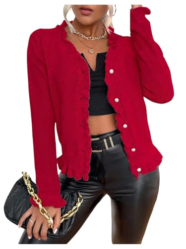 Verdusa Womens Ruffle Trim V Neck Button Down Long Sleeve Knit Cardigan Sweater Red Small