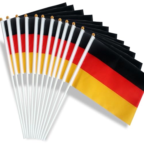 CHINS Klein Deutschland Flagge, 12 Stück Deutsche Mini Handgehaltene Flaggen mit 30cm weißem Pole für 2024 Fans Fußball EM WM Euro Party Deko