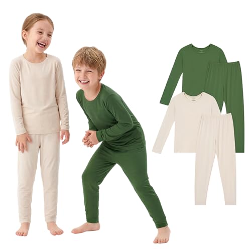 PurComfy SuperSoft Toddler Pajama Set, 4-Piece Bamboo Viscose Snug-Fit Sleepwear for Boys Girls, Long Sleeve Toddler Clothes Oat & Forest 2T