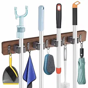 Mop and Broom Holder Wall Mount-Rustic Wood Broom Hanger Wall Mount | Laundry Room Organization and Storage-Broom Organizer Wall Mount-Kitchen Decor Modern Farmhouse Wall Decor(Brown-4slots/5hooks)