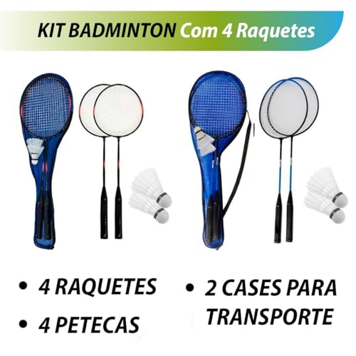 Kit Badminton 10 Peças 4 Raquetes 4 Petecas 2 Bolsas Esporte