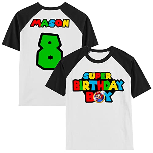 Personalized Super Birthday Shirt | Mario shirt | Handmade Decorated Shirt | Personalized with Name and Age | Unisex Short Sleeve Raglan T-Shirt2