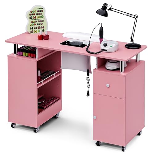 HolaiNail Manicure Table Nail Desk for Nail Tech, Acetone Resistant Beauty Salon Station with Dust Collector, Wrist Pad, Lockable Wheels, Drawer & Cabinet, Pink