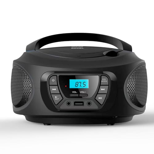 Roxel RCD-S50BT Portable Boombox CD Player with FM Radio, BT Wireless Streaming, USB MP3 Playback, AUX In, and Dual Power Option