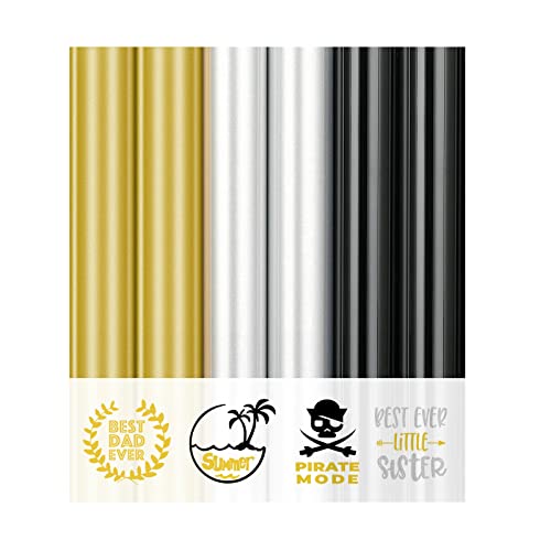 Tianlai Heat Transfer Vinyl HTV Bundle 6 Sheets Classic Black Gold Silver Iron on Vinyl for Cricut,PU Heat Press Iron Vinyl for T-Shirt DIY Craft Clothes Bag Hat Pillow(12''X10'')