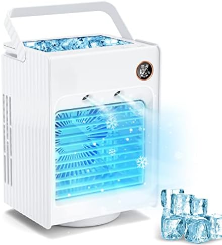冷風機 卓上冷風機 加湿 急速冷却 強力 首振り 氷いれ可能 【2022新登場 &amp; マイナスイオン】 冷風扇風機 充電式 上下調整可 空気清浄機能 5000mAh大容量バッテリー 3段階風量調節 静音 7色LEDライト 水冷式扇風機 省エネ オフィス 寝室 自宅用 父の日プレゼント 熱中症対策 (白)