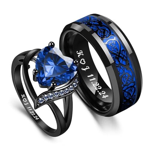 Delitic 2PCS Personalized Matching Rings for Couples Custom Stainless Steel Wedding Bands Set Engraved Promise Rings for for Him and Her Engagement Wedding Valentines Day Gift