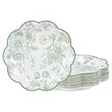 48 Pcs Sage Green Floral Party Plates Vintage Floral Leaf Disposable Paper Plates White Green Toile 7' Small Scalloped Rim Dessert Plates for Spring Summer Garden Birthday Bridal Tea Party Supplies