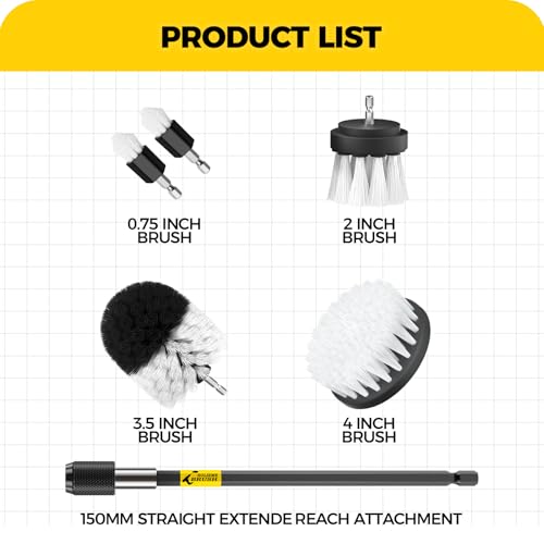 Holikme 6Pack Drill Brush Power Scrubber Cleaning Brush Extended Long Attachment Set All Purpose Drill Scrub Brushes Kit for Grout, Floor, Tub, Shower, Tile, Bathroom and Kitchen Surface White