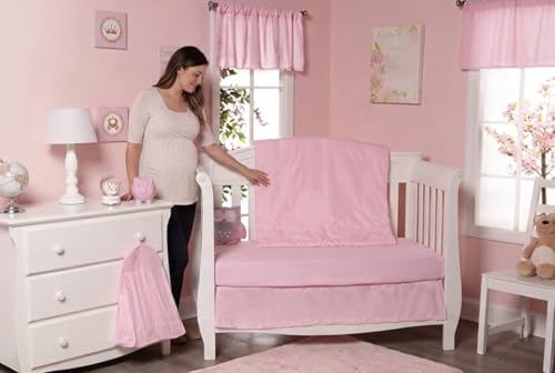 Image of EVERYDAY KIDS 4 Pc Crib Bedding for Girls Nursery Set Includes Baby Bed Quilt, Fitted Sheet, Dust Ruffle and Diaper Stacker- Nursery Bedding Set - Baby Crib Bedding Set in Pink