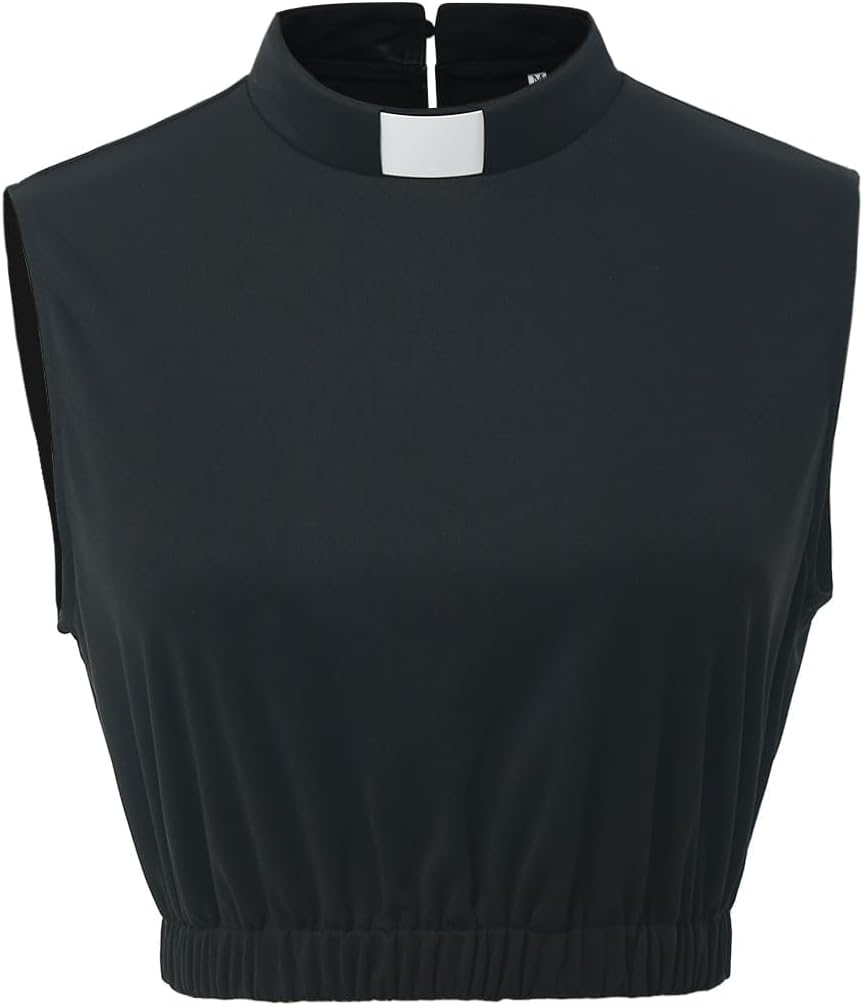 Women's Clergy Crop Top Sleeveless T-Shirt Tab Collar Clergy Priest Church Clergy Bib