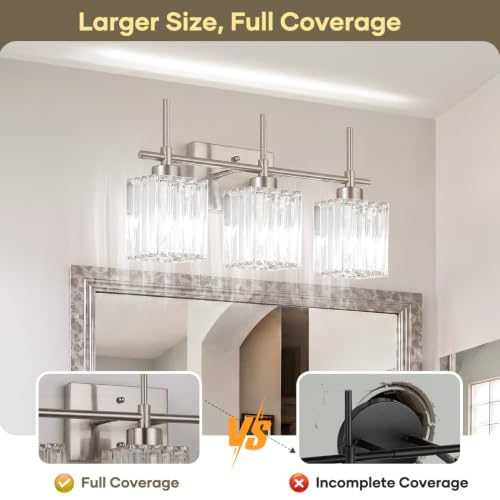 Image of Torondo Modern Crystal Bathroom Vanity Light 3-Light Brushed Nickel Bathroom Light Fixtures Over Mirror Vanity Lighting Fixtures Square Shade Wall Sconce (Bulbs Not Include)