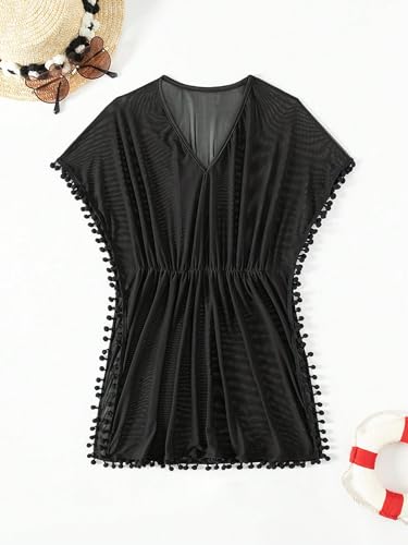 Milumia Girl's Pompom Trim Mesh Sheer Beach Coverups Swimsuit Cover Up3