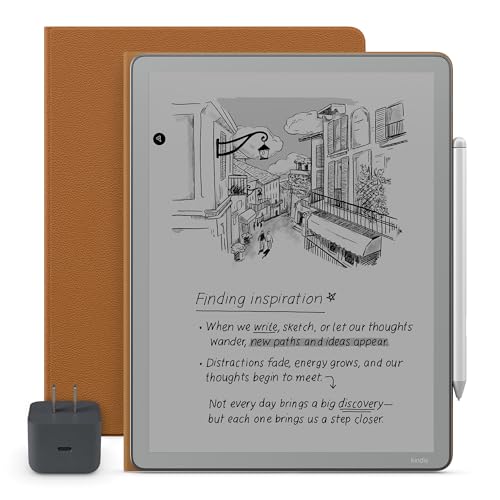 New Amazon Kindle Scribe Essentials Bundle- New Amazon Kindle Scribe Without Front Light (16GB), Premium Pen, All-New Executive Premium Leather Folio Cover-Caramel & Power Adapter
