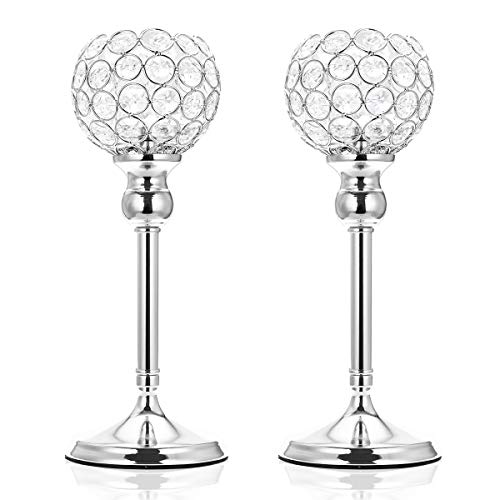 ManChDa Valentines Gift Silver Crystal Spherical Candle Holders Sets of 2 Wedding Table Centerpieces for Birthday Anniversary Celebration Modern Decoration (Small, 11.8")
