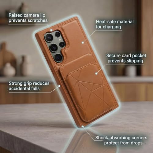 Image of amazon basics Premium Vegan Leather Back Cover with Card Holder and Integrated Mobile Stand for Samsung Galaxy S23 Ultra 5G - Slim Shockproof Wallet Case with Geometric Stitching [Tan]