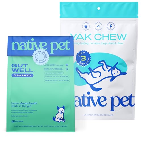 Native Pet Fresh Breath Bundle: 60 Scoops GutWell Clean Breath - Dog Breath Freshener & 3 Large Yak Cheese Himalayan Dog Chews - Long Lasting Dental Sticks