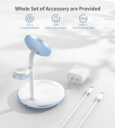 Image of XooFly 3 in 1 Magnetic Wireless Charging Station for Apple Devices,15W | Fast Charging Phone Charger Stand for Magsafe-enabled iPhone 17 16 15 14 13 12 Series, Apple Watch Ultra Airpod Pro, Blue