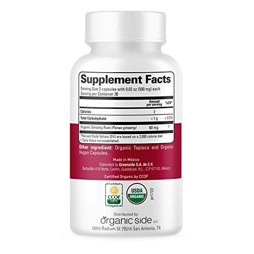 Organic Ginseng 60 Capsules - Adaptogen - Certified Usda - Non Gmo - Vegan #TOP1