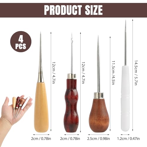 Miniatura 2 de 4pcs Lezna Coser Cuero Punzón, Punzón Con Mango De Madera Lezna, Herramientas De Costura Para Bricolaje, Incluye Punzón Curvo, Recto Y Ranurado, Ideal Para Coser, Reparar Y Crear Proyectos En Cuero