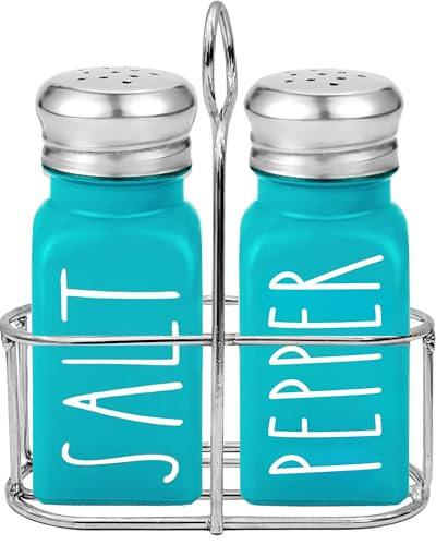 Teal Salt and Pepper Shakers Set with Holder by Brighter Barns - Turquoise Kitchen Decor and Accessories - Cute Salt and Pepper Set with Caddy - Modern Farmhouse Glass Shakers for Dining Table (Teal)