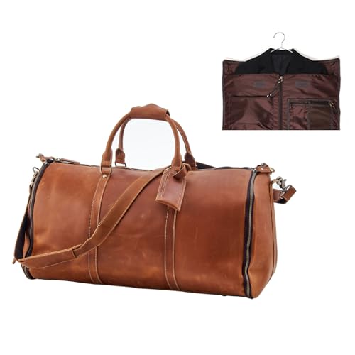 Genuine Leather Convertible Garment Bag with Shoes Compartment Full Grain Leather Carry on Duffle Bag for Men Women Weekender Hanging Business Suitcase for Travel Suit Coffee