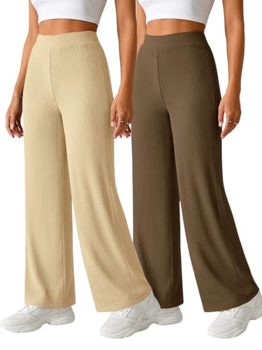 Image of Pinkmint Women High Waist Ribbed Wide Leg Trousers | Stretchable Palazzo Pants |Casual Lounge Travel Office Elastic Waist Flared Pants