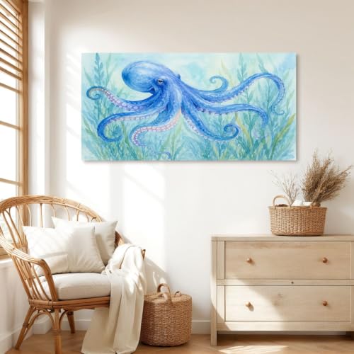 Canvas Wall Art Prints Ocean Under Sea Blue Octopus Grass Coastal Nautical Curled Tentacles Large Framed Artwork Wall Paintings Pictures Posters 24"x48" Home Decor for Living Room Office Bedroom - Image 5