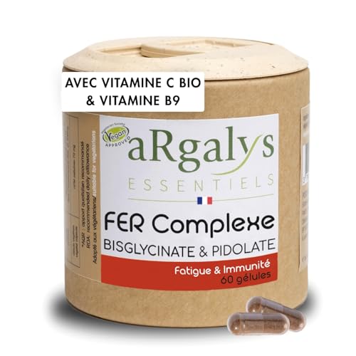 Fer Bisglycinate 14 mg + Vitamine C Bio, Haute Absorption, Sans Troubles Digestifs avec vitamine B9, 60 gélules vegan (2 mois), 100% des besoins, Anti-fatigue + Energie, Argalys