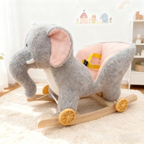 Image of Jessruly Plush Animal Rocking Horse – Soft Ride-On Rocker with Wooden Frame, Magical Unicorn Design for Imaginative Play (Elephant)