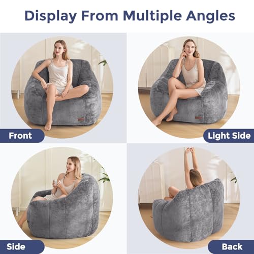 Image of MAXYOYO Bean Bag Chair, Comfy Bean Bag Sofa with Back Support, Faux Fur Bean Bag Chair for Adults and Kids, Stuffed Floor Sofa for Living Room, Bedroom, Apartment, Grey