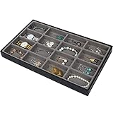 JackCubeDesign 16 Compartments Stackable Leather Jewelry Tray Earring Necklace Bracelet Ring Organizer Display Storage Box(Set of 1, Black, 16 x 9.6 x 1.6 inches)-MK212-1D