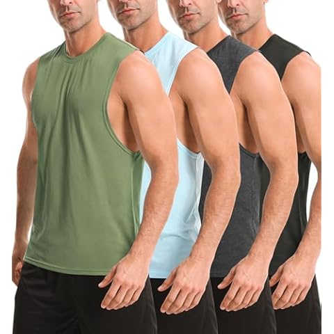 Air Curvey 4 Pack Men's Cotton Workout Tank Top Round Neck Casual Sleeveless Shirts Black Grey Light Blue Army Green S Cover