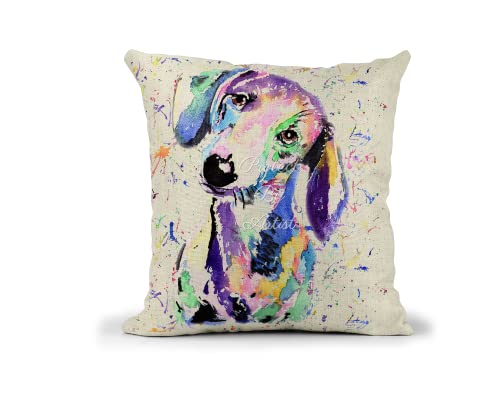 Image of Vixar Dachshund Dog Sausage Wiener Pet Watercolour Rainbow Art Linnen Cushion With filling or cover only, 40x40cm, gift, christmas, Birthday (with insert)