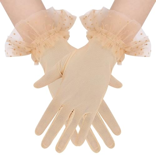 Women's Short Lace Tulle Sheer Mesh Gloves Opera Tea Party Gloves for Wedding Bridal Prom Banquet Costume