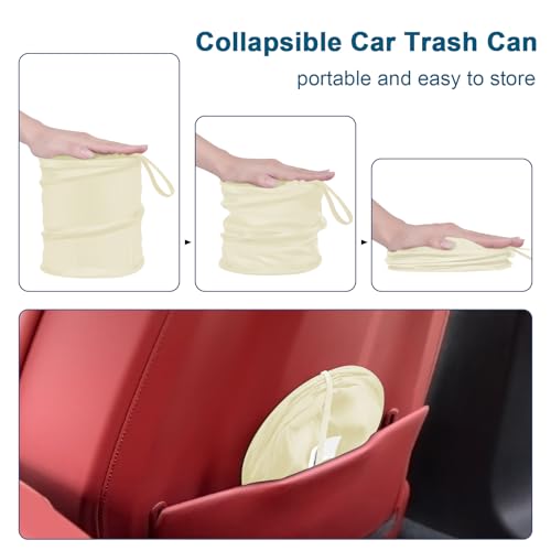 Image of Car Trash Can, 2 Packs Mini Car Garbage Can, Collapsible Trash Bin | Pop-Up Trash Can for Car Front Back Seat, Portable Car Trash Bag Hanging for Vehicle SUV Rv Truck Accessories Interior, Beige