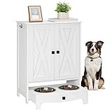 HOOBRO Dog Feeding Station with Storage, Elevated Dog Bowls Stand, Dog Food Storage Cabinet with Adjustable Shelf and Hooks, Sliding Drawer with 2 Hidden Bowls, Pet Feeder Station, White WT12PO03