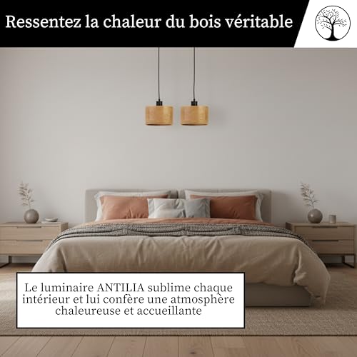 Suspension de table en bois - Ronde moderne bois 2xE27 - Abat-jour chêne - Lampe naturelle pour salle à manger, salon, cuisine, chambre, couloir - Design élégant en bois de chêne ANTILIA – vue 6