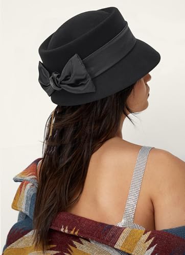 1920s Vintage Wool Cloche Fedora-Hat Church Fascinator Hat Derby Hat with Bow for Women Men Black