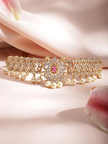Image of Rubans 22KT Gold Plated Trendy AAA Cubic Zirconia Stone Studded Traditional Choker Necklace Set with Pearl Hangings for Women and Girls, Perfect for Festive & Wedding Occasions