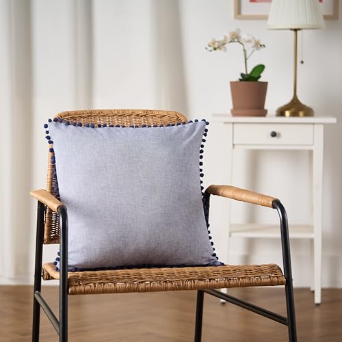 Image of 100% Cotton Pom Pom Cushion with Filler, Elegant & Modern Cushion Cover for Living Room, Square Shape, 16 inchx16 inch, uni Chambray, Set of 2 - Navy