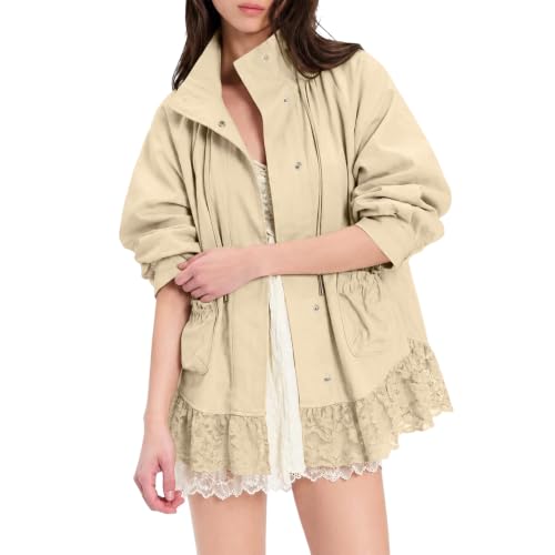 Jackets for Women Windbreaker Lace Trim Lightweight Casual Funnel Neck Coat - image 2
