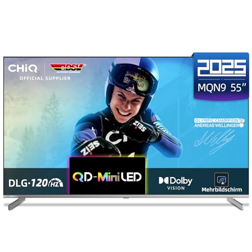 CHIQ Fernseher 55 Zoll (139 cm), 4K Mini LED Smart TV, Wide Gamut, MEMC&Local Dimming, DLG 120Hz, AirPlay&Chromecast Built-in, Dolby Vision& Atmos, Rahmenlos M55QN9G 2025